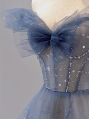 Off The Shoulder Blue Tulle A Line Long Prom Dress J2563
