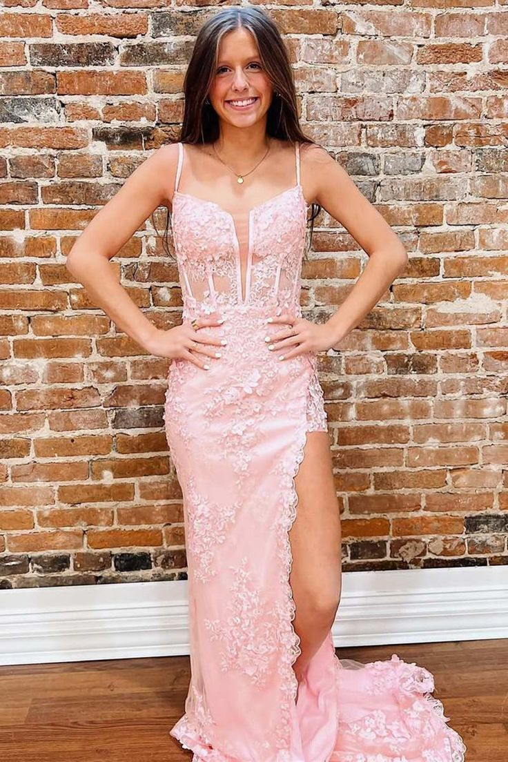 Pink Lace Long Prom Dress With High Slit Mermaid Formal Graduation Evening Dress J2593