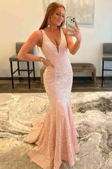 V Neck Pink Sequin Mermaid Long Prom Dress J2592
