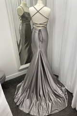 Spaghetti Straps Grey Mermaid Satin Long Prom Dress J2606