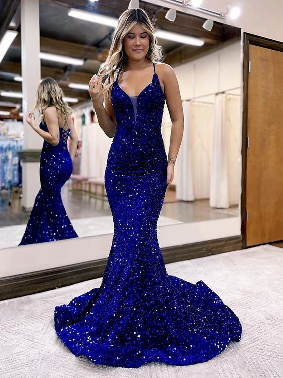 Royal Blue Sequin Mermaid Long Prom Dress J2590