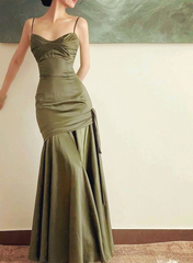 Green Satin Mermaid Long Prom Dresses Spaghetti Straps Evening Dress J2604