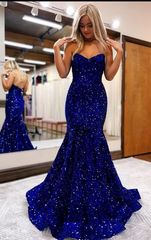 Strapless Royal Blue Sequin Mermaid Long Prom Dresses J2591