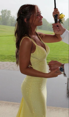 Yellow Mermaid Long Prom Dresses Shiny Evening Formal Dresses J2611