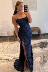 Dark Blue Sequin Mermaid Long Prom Dress With Slit J2588