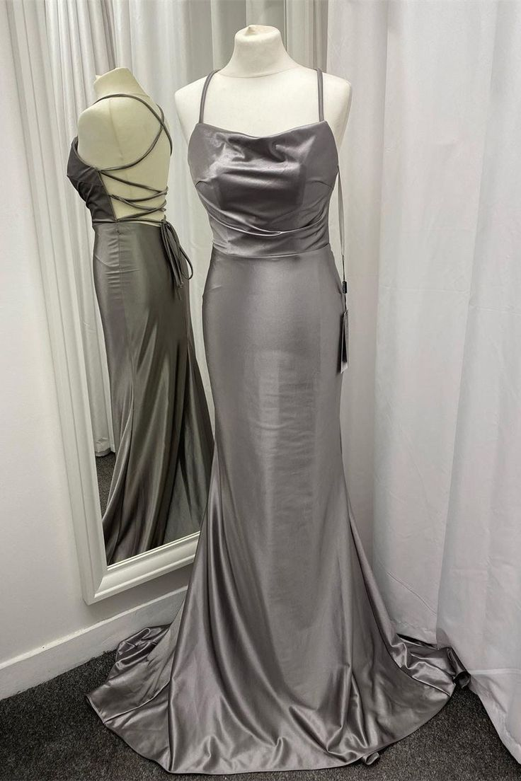 Spaghetti Straps Grey Mermaid Satin Long Prom Dress J2606