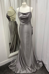 Spaghetti Straps Grey Mermaid Satin Long Prom Dress J2606