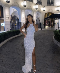 Sliver Sequins Mermaid Halter Long Evening Dresses With Split J2583