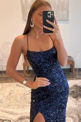 Dark Blue Sequin Mermaid Long Prom Dress With Slit J2588