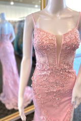 Pink Lace Long Prom Dress With High Slit Mermaid Formal Graduation Evening Dress J2593