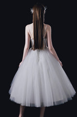 White Simple Chic Tea Length White Tulle Wedding Dress with Spaghetti Straps