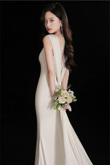 Elegant Sleeveless Mermaid Satin Simple Train Dress Wedding Dress with Lace Open Back