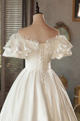 Cute A-Line Retro Tea Length Satin Cute Off Shoulder Wedding Dress with Bows