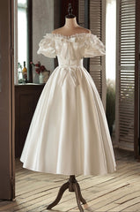 Cute A-Line Retro Tea Length Satin Cute Off Shoulder Wedding Dress with Bows