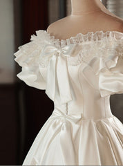 Cute A-Line Retro Tea Length Satin Cute Off Shoulder Wedding Dress with Bows