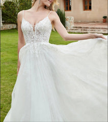 Spaghetti Straps Plunging V-Neck Backless Bridal Gown
