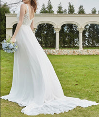 Lace V-neck Chiffon Wedding Dress With Slit