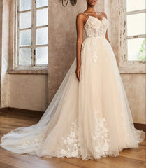 Spaghetti Straps V-Neck Lace Bodice Appliques Wedding Dress