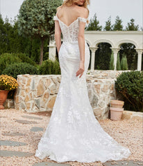 Off-the-shoulder Appliqued Sheath Lace Bridal Gown