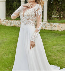 Plunging V-neck Chapel Train Bridal Gown With Buttons