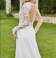 Plunging V-neck Chapel Train Bridal Gown With Buttons