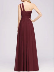 A-Line Burgundy One Shoulder Sleeveless Ruffles Floor-Length Bridesmaid Dresses