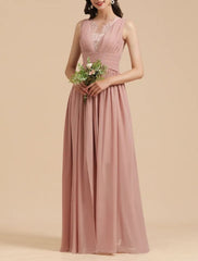Long A-line Lace Sleevele Chiffon Bridesmaid Dresses