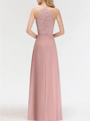 Long A-Line Halter Lace Chiffon Bridesmaid Dresses