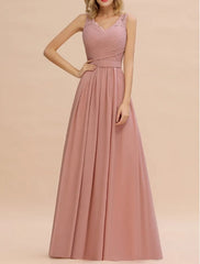 A-line Chiffon Lace V-Neck Ruffles Chiffon Bridesmaid Dress