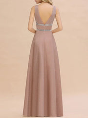Long A-line V-neck Sleeveless Backless Bridesmaid Dresses