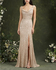 Scoop Neck Sequins Backless Mermaid Bridesmaid Dress With Side Slit