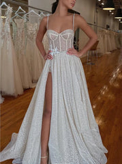 Spaghetti Straps Lace Appliques Sparkly A-Line Wedding Dress