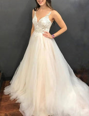 A Line Straps Wedding Dress Tulle With Applique Sweep Train