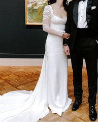 Square Neck Long Sleeves White Satin Wedding Dresses