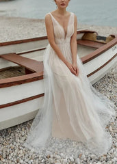 A-Line Tulle Gorgeous Deep V-Neck Open Back Double Layers Elegant Floor Length Long Dress With Sequin