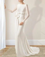 Modest Chiffon Long Sleeve Wedding Dress With Decoratived Buttons and Bow