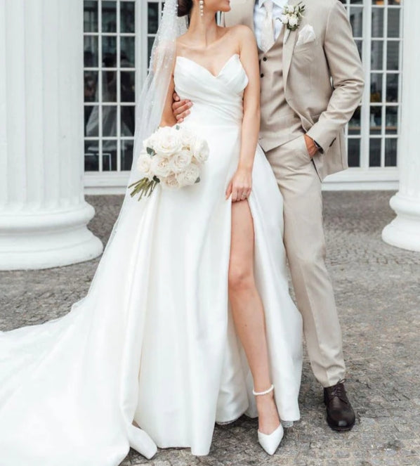 A-Line Strapless White Satin Wedding Dresses With Slit