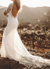 Sheath Satin V-neck Long Sleeve Wedding Dress