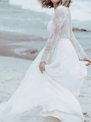 Lace Bateau A Line Tulle Floor-length Wedding Dress with Split Front and Pleats