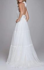 A Line Tulle Brush Train Wedding Dress with Ruching