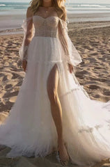 Neck A-Line Off-the-shoulder Fluttering Tulle Pleats Long Sleeve Wedding Dress