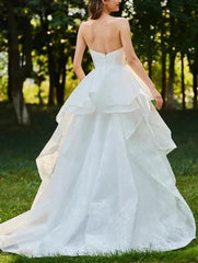 Lace Open Back Sweetheart Cascading Ruffles Sleeveless Bridal Ball Gown