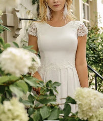 Elegant Satin and Lace Bateau A Line Court Train Wedding Dress with