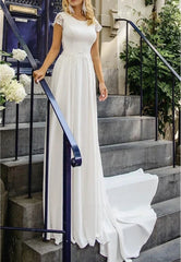 Elegant Satin and Lace Bateau A Line Court Train Wedding Dress with
