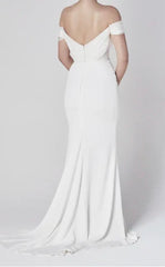 Off-the-shoulder Elegant Mermaid Satin Wedding Dress With Tiers And V-back