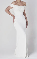 Off-the-shoulder Elegant Mermaid Satin Wedding Dress With Tiers And V-back