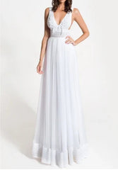 A-Line V-neck Lace Tulle Wedding Dress With Open Back And Appliques