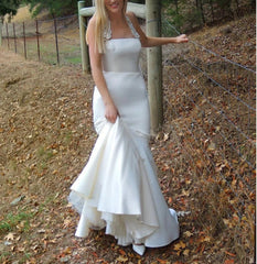 Neck Mermaid Sleeveless Satin Simple White Wedding Dress