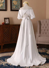 Off-the-Shoulder Simple White Satin Wedding Dress with