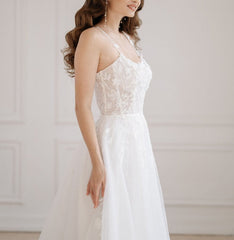 Floral wedding dress with trained skirt bridal gown with slim spaghetti straps boho maxi dress
